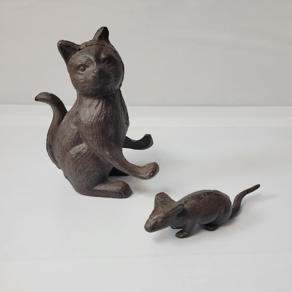 Cast Iron Cat and Mouse Figurine‎ Rustic Brown Sitting Decor Accent